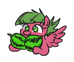 Size: 348x292 | Tagged: safe, artist:jargon scott, derpibooru import, oc, oc:low rider, unofficial characters only, pegasus, pony, female, food, holding, mare, melon, simple background, smiling, solo, spread wings, watermelon, white background, wings
