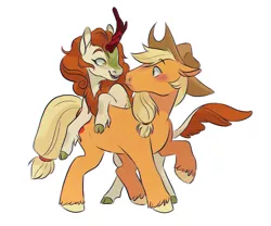 Size: 1763x1464 | Tagged: safe, artist:kianamai, derpibooru import, applejack, autumn blaze, earth pony, kirin, pony, sounds of silence, autumnjack, blushing, cloven hooves, colored hooves, cowboy hat, duo, female, hat, lesbian, mare, shipping, simple background, stetson, white background