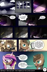 Size: 1040x1600 | Tagged: artist:whitelie, bondage, comic, comic:party of one:the tragedy of the crystal empire, derpibooru import, engrish, muzzle, night, night sky, oc, oc:dr.brave, princess cadance, safe, sky, straitjacket