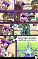 Size: 1040x1600 | Tagged: artist:whitelie, bondage, book, chair, comic, comic:party of one:the tragedy of the crystal empire, crystal empire, derpibooru import, flashback, muzzle, oc, oc:dr.brave, princess cadance, safe, straitjacket