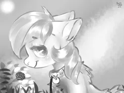 Size: 1600x1200 | Tagged: safe, artist:brainiac, derpibooru import, roseluck, earth pony, pony, back fluff, chest fluff, collar, digital art, ear fluff, female, flower, fluffy, leash, looking at you, mare, monochrome, pet tag, pony pet, profile, rose, rosepet, sitting, smiling, solo