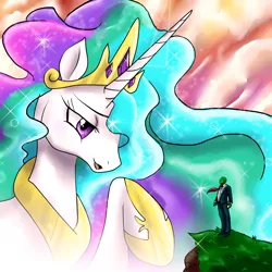 Size: 800x800 | Tagged: safe, artist:anonymous, derpibooru import, princess celestia, oc, oc:anon, ponified, alicorn, human, pony, /mlp/, blade runner, blade runner 2049, clothes, crown, drawthread, duo, female, giant pony, giantlestia, hoof shoes, jewelry, macro, male, mare, parody, peytral, regalia, scene parody, size difference, suit