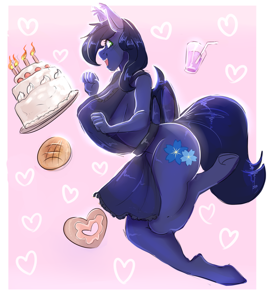 Size: 3378x3765 | Tagged: suggestive, artist:spazzyhippie, derpibooru import, oc, oc:halfmoon, anthro, bat pony, unguligrade anthro, almost nude, apron, baking, bat pony oc, bat wings, big breasts, bread, breasts, cake, candle, clothes, erect nipples, female, food, heart, large butt, milf, nipple outline, smiling, solo, wings