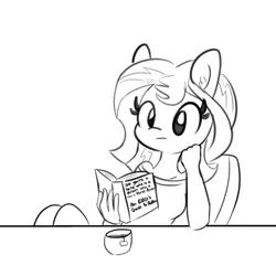 Size: 1280x1280 | Tagged: safe, artist:tjpones, derpibooru import, sunset shimmer, anthro, equestria girls, :i, book, chair, clothes, cup, female, food, monochrome, ponied up, reading, simple background, sitting, solo, table, tea, teacup, white background