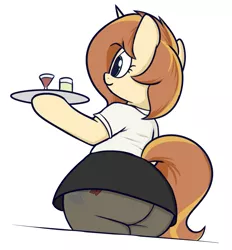 Size: 807x868 | Tagged: suggestive, artist:andelai, derpibooru import, oc, oc:celice, unofficial characters only, pony, semi-anthro, unicorn, alcohol, butt, clothes, female, glass, holding, mare, miniskirt, pantyhose, plot, see-through, simple background, skirt, smiling, solo, solo female, technically an upskirt shot, the ass was fat, tray, tube skirt, waitress, white background