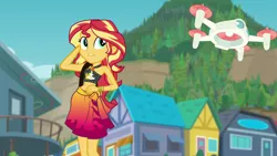 Size: 1920x1080 | Tagged: safe, derpibooru import, screencap, sunset shimmer, equestria girls, equestria girls series, forgotten friendship, clothes, drone, midriff, sarong, selfie drone, skirt