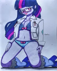 Size: 1280x1613 | Tagged: suggestive, artist:missmayaleanne, derpibooru import, sci-twi, twilight sparkle, equestria girls, bedroom eyes, belly button, blue underwear, blushing, bra, breasts, busty twilight sparkle, cleavage, clothes, female, jacket, lab coat, lingerie, lipstick, looking at you, panties, pinup, ribbon, sexy, simple background, socks, solo, stupid sexy sci-twi, traditional art, unbuttoned, underwear