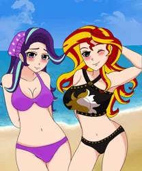 Size: 600x720 | Tagged: suggestive, artist:anonix123, derpibooru import, starlight glimmer, sunset shimmer, human, equestria girls, equestria girls series, armpits, beach, beanie, belly button, big breasts, blushing, breasts, busty sunset shimmer, cleavage, clothes, duo, duo female, female, hands behind back, hat, human coloration, humanized, looking at you, midriff, ocean, one eye closed, sand, smiling, stupid sexy starlight glimmer, stupid sexy sunset shimmer, swimsuit, wink