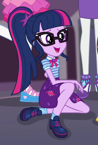 Size: 451x661 | Tagged: safe, derpibooru import, screencap, pinkie pie, rarity, sci-twi, twilight sparkle, equestria girls, equestria girls series, forgotten friendship, clothes, cropped, female, geode of telekinesis, glasses, magical geodes, ponytail, shoes, smiling