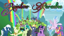 Size: 2048x1152 | Tagged: alicorn, best gift ever, classical hippogriff, derpibooru import, editor:huntercwalls, fanfic, fanfic art, fanfic cover, happy, hippogriff, night glider, pistachio, plaid stripes, rainbow falls, safe, sandbar, silverstream, slice of life, star tracker, the best night ever, twilight sparkle, twilight sparkle (alicorn)