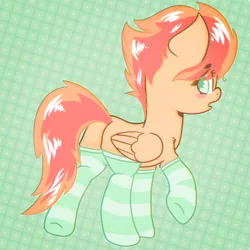 Size: 2000x2000 | Tagged: safe, artist:undreamed panic, derpibooru import, oc, oc:panic, unofficial characters only, pegasus, pony, blushing, butt, clothes, cute, female, food, green background, green eyes, looking at you, looking back, mare, orange, plot, raised hoof, simple background, socks, solo, striped socks