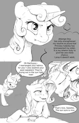 Size: 1280x1978 | Tagged: safe, artist:silfoe, derpibooru import, princess celestia, rarity, sweetie belle, alicorn, pony, unicorn, royal sketchbook, blushing, comic, cup, daydream, dialogue, eyes closed, female, filly, gray background, grayscale, kissing, lesbian, mare, monochrome, rarilestia, shipping, simple background, sitting, speech bubble, teacup, thought bubble