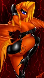Size: 1080x1920 | Tagged: suggestive, artist:metalbladepegasus, derpibooru import, oc, oc:lexee, anthro, bat pony, armpits, bat pony oc, bat wings, blonde, boots, breasts, claws, clothes, corset, female, gloves, high heel boots, high heels, latex, leather, miniskirt, shoes, skirt, solo, thigh boots, wings