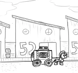 Size: 640x600 | Tagged: safe, artist:ficficponyfic, derpibooru import, colt quest, armor, barrels, building, carriage, cyoa, guard, helmet, monochrome, numbers, pony pulls the wagon, sidewalk, solo, story included, street, warehouse, wheel