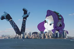 Size: 1280x857 | Tagged: safe, artist:luckreza8, artist:somerandomminion, derpibooru import, edit, vector edit, rarity, equestria girls, equestria girls series, the other side, clothes, dress, female, giantess, irl, macro, mega giant, mega rarity, new york, ocean, photo, solo, story in the source, vector