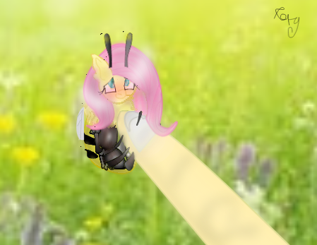 Size: 449x347 | Tagged: adoracreepy, animal costume, artist:roxy, bee, bee costume, blushing, clothes, costume, creepy, cute, derpibooru import, female, finger, flutterbee, fluttershy, grass, human, insect, mare, outdoors, safe, species swap, stinger, weapons-grade cute, wings