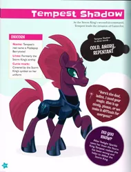 Size: 2112x2775 | Tagged: safe, derpibooru import, official, fizzlepop berrytwist, tempest shadow, pony, unicorn, my little pony: character guide, my little pony: the movie, armor, book, broken horn, cute, eye scar, female, horn, looking at you, mare, pretty pretty tempest, quote, raised hoof, scan, scanned, scar, smiling, tempestbetes