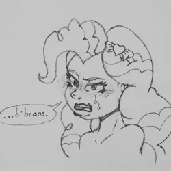 Size: 1305x1305 | Tagged: safe, artist:fuzzyfurvert, derpibooru import, pinkie pie, human, equestria girls, bare shoulder portrait, bare shoulders, beans, blushing, bust, dialogue, food, hairpin, implied nudity, looking at you, monochrome, portrait, sketch, solo, sweat, traditional art