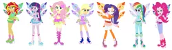 Size: 2140x628 | Tagged: safe, artist:lalobatchika, artist:selenaede, derpibooru import, applejack, fluttershy, pinkie pie, rainbow dash, rarity, sunset shimmer, twilight sparkle, twilight sparkle (alicorn), alicorn, fairy, human, equestria girls, aisha, barely eqg related, base used, believix, bloom (winx club), boots, clothes, crossover, fairies, fairies are magic, fairy wings, flora (winx club), gloves, headband, high heel boots, high heels, humanized, layla, musa, rainbow s.r.l, roxy (winx club), shoes, stella (winx club), tecna, tracix, winged humanization, wings, winx club