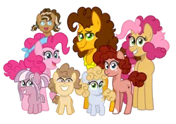 Size: 1024x719 | Tagged: safe, artist:ashidaii, derpibooru import, cheese sandwich, pinkie pie, oc, oc:banana pudding, oc:paprika, oc:rocky road, oc:silly string, oc:sourdough, oc:taffy, earth pony, pony, baby, baby pony, cheesepie, colt, female, filly, male, mare, offspring, parent:cheese sandwich, parent:pinkie pie, parents:cheesepie, shipping, simple background, straight, transparent background
