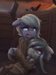 Size: 6096x8128 | Tagged: grimdark, artist:ardail, derpibooru import, limestone pie, marble pie, earth pony, pony, absurd resolution, blood, clothes, crying, death, dying, feels, female, mare, military, military uniform, open mouth, sad, siblings, sisters, soldier, story included, tear jerker, trench, trench warfare, uniform, war, world war i