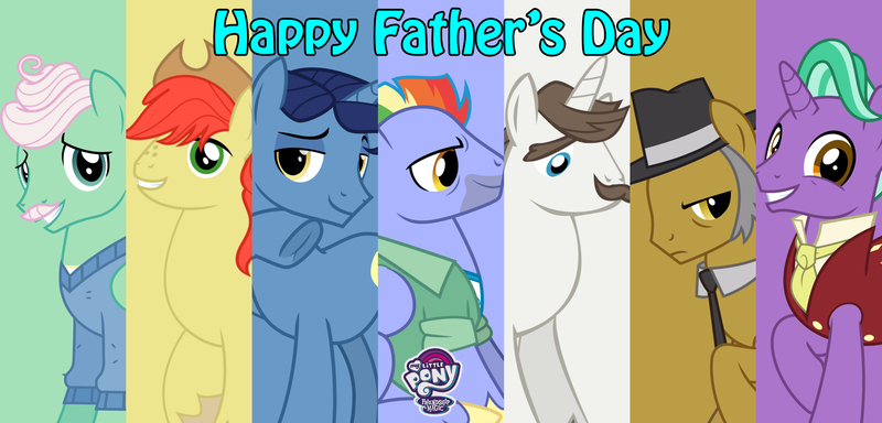 Size: 2240x1074 | Tagged: safe, artist:hendro107, derpibooru import, bow hothoof, bright mac, firelight, gentle breeze, hondo flanks, igneous rock pie, night light, earth pony, pegasus, pony, unicorn, dad six, father's day, female, male, mare, my little pony logo, stallion