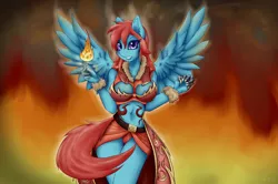 Size: 1630x1080 | Tagged: anthro, anthro oc, artist:shamziwhite, breasts, claws, cleavage, clothes, commission, derpibooru import, female, fire, fireball, looking at you, mare, oc, oc:wind raider, pegasus, safe, solo, spread wings, standing, unofficial characters only, wings, ych result