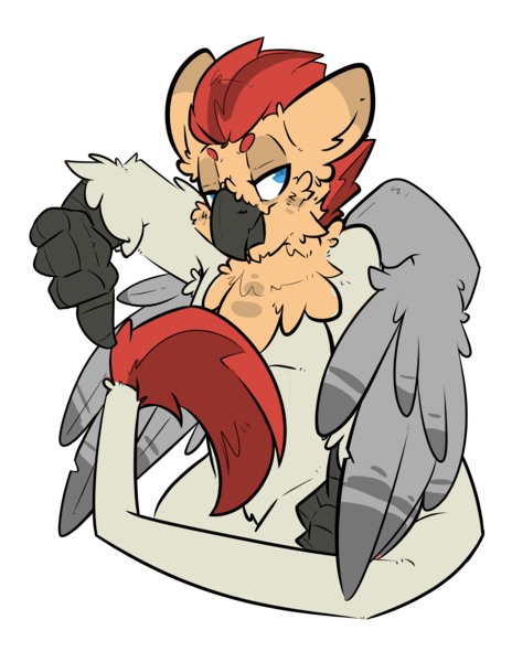 Size: 2550x3300 | Tagged: armpits, artist:bbsartboutique, beak, biologically justified underarm fluff, chest fluff, derpibooru import, hippogriff, hybrid, leonine tail, neck feathers, oc, oc:manfred pferdefeder, oc:red, safe, talons, thumbs down