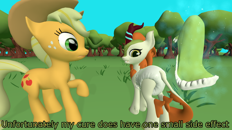 Size: 3840x2160 | Tagged: suggestive, artist:mrdoctorderpy, derpibooru import, applejack, autumn blaze, kirin, pony, sounds of silence, 3d, 4k, cloth diaper, clothes, diaper, diaper fetish, dress, fetish, incontinent, levitation, magic, poofy diaper, safety pin, source filmmaker, telekinesis