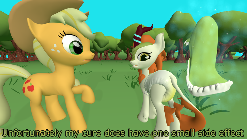 Size: 3840x2160 | Tagged: suggestive, alternate version, artist:mrdoctorderpy, derpibooru import, applejack, autumn blaze, kirin, pony, sounds of silence, 3d, 4k, cloth diaper, clothes, diaper, diaper fetish, dress, fetish, incontinent, levitation, magic, safety pin, source filmmaker, telekinesis, urine, wet diaper