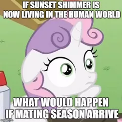 Size: 500x500 | Tagged: caption, derpibooru import, edit, edited screencap, estrus, exploitable meme, grammar error, image macro, implied sunset shimmer, meme, obligatory pony, ponyville confidential, screencap, sudden clarity sweetie belle, suggestive, sweetie belle, text