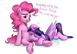 Size: 1280x894 | Tagged: safe, artist:luciferamon, derpibooru import, pinkie pie, twilight sparkle, twilight sparkle (alicorn), alicorn, earth pony, pony, comforting, crying, dialogue, duo, female, floppy ears, mare, misleading thumbnail, not cum, open mouth, prone, sad, simple background, sitting, snot, white background