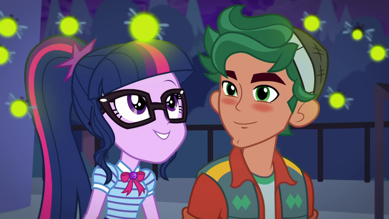 Size: 1280x720 | Tagged: safe, derpibooru import, screencap, sci-twi, timber spruce, twilight sparkle, firefly (insect), insect, equestria girls, equestria girls series, star crossed, blushing, clothes, female, geode of telekinesis, glasses, magical geodes, male, ponytail, shipping, smiling, straight, timbertwi, vest