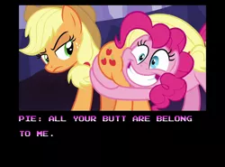 Size: 902x668 | Tagged: safe, artist:mrkat7214, derpibooru import, edit, edited screencap, screencap, applejack, pinkie pie, pony, shadow play, all your base are belong to us, butt touch, butthug, engrish, faceful of ass, hug, meme, pinkie hugging applejack's butt
