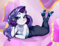 Size: 900x704 | Tagged: safe, artist:pia-sama, derpibooru import, rarity, equestria girls, equestria girls series, the other side, adorasexy, ass, bare shoulders, beautiful, blushing, breasts, busty rarity, butt, cleavage, clothes, cute, eyelashes, eyeshadow, fabulous, female, gloves, headphones, high heels, lidded eyes, makeup, raritights, rearity, scene interpretation, sexy, shoes, sleeveless, solo, strapless, stupid sexy rarity