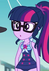 Size: 647x942 | Tagged: safe, derpibooru import, screencap, sci-twi, twilight sparkle, equestria girls, equestria girls series, forgotten friendship, most likely to be forgotten, clothes, cropped, cute, geode of telekinesis, glasses, magical geodes, open mouth, ponytail, solo, swimsuit, twiabetes