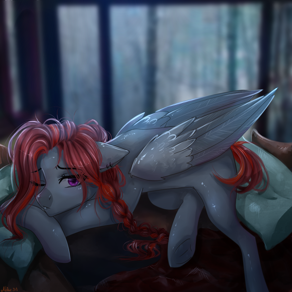 Size: 1000x1000 | Tagged: safe, artist:alicesmitt31, derpibooru import, oc, unofficial characters only, pegasus, pony, blurred background, eye clipping through hair, female, folded wings, lying down, mare, one eye closed, pillow, prone, purple eyes, red hair, red mane, red tail, sad, solo, wings