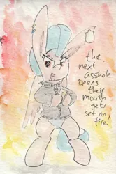 Size: 696x1049 | Tagged: suggestive, artist:slightlyshade, derpibooru import, oc, oc:bullet pretty, pony, bipedal, blue underwear, clothes, fire, jacket, leather jacket, matches, mowhawk, panties, piercing, traditional art, underwear