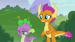 Size: 1920x1080 | Tagged: derpibooru import, discovery family logo, downcast, dragon, dragoness, duo, father knows beast, female, male, safe, screencap, smolder, spike, twig, winged spike