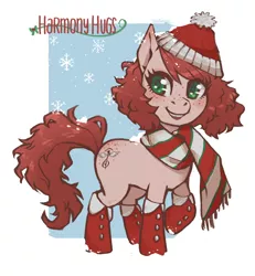 Size: 3026x3272 | Tagged: safe, artist:taytinabelle, derpibooru import, oc, oc:harmony hugs, unofficial characters only, earth pony, pony, blushing, boots, christmas, clothes, cute, female, freckles, green eyes, hat, heart eyes, holiday, looking at you, mare, raised hoof, scarf, secret santa, shoes, snow, solo, wingding eyes