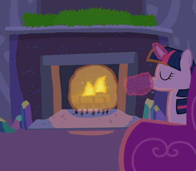 Size: 4000x3500 | Tagged: safe, artist:devfield, derpibooru import, twilight sparkle, pony, chocolate, couch, crystal, cup, drink, fire, fireplace, food, glow, glowing horn, horn, hot chocolate, levitation, log, magic, redo, shading, solo, telekinesis, text, twilight's castle
