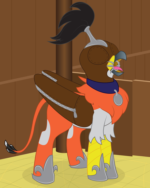 Size: 2603x3244 | Tagged: suggestive, artist:billy2345, artist:mati0la, derpibooru import, oc, gryphon, blindfold, bound wings, collar, gag, griffon oc, hood, hoof shoes, outfit, pet collar, pet play, pet tag, plume, pony play, ring gag, sensory deprivation, sex slave, slave, slave collar, solo, spider gag, wings