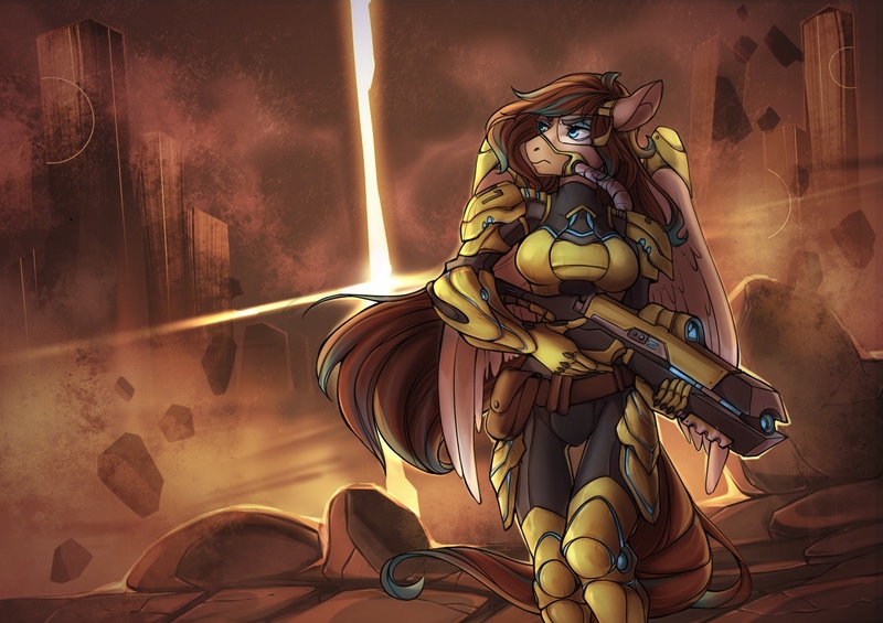 Size: 1700x1200 | Tagged: anthro, armor, artist:klaffycloudy, derpibooru import, female, gun, hmd, oc, pegasus, safe, solo, unofficial characters only, weapon