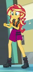 Size: 393x837 | Tagged: safe, derpibooru import, screencap, sunset shimmer, equestria girls, equestria girls series, forgotten friendship, boots, clothes, cropped, female, geode of empathy, jacket, legs, magical geodes, shoes, skirt, smiling, solo