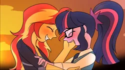 Size: 1366x768 | Tagged: safe, artist:jase1505, deleted from derpibooru, derpibooru import, sci-twi, sunset shimmer, twilight sparkle, series:sunlight horizons, equestria girls, alternate costumes, crying, eyes closed, female, lesbian, scitwishimmer, shipping, sunset, sunsetsparkle, tears of joy, youtube link