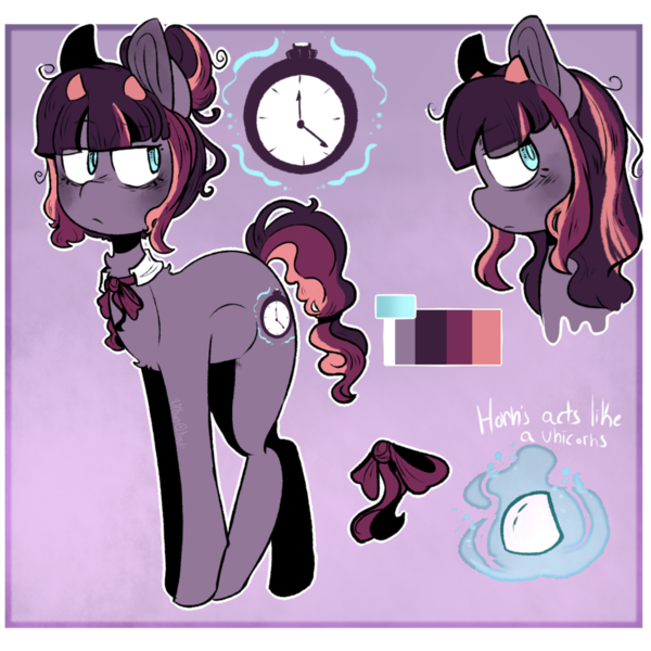 Size: 1024x1024 | Tagged: safe, artist:urbanqhoul, derpibooru import, oc, oc:luminous tempo, bicorn, pony, bangs, clock, cravat, eye bag, green eyes, hair bun, horn, horns, long legs, multiple horns, pocket watch, purple, solo, tired