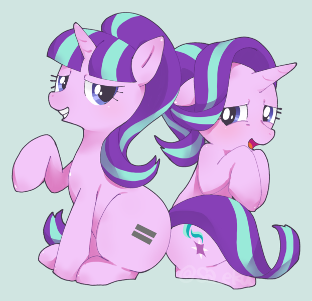 Size: 860x830 | Tagged: safe, artist:sa-eku, derpibooru import, starlight glimmer, pony, unicorn, blue background, cute, duality, equal cutie mark, female, looking at you, mare, open mouth, s5 starlight, self ponidox, simple background, smiling, solo, time paradox