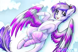 Size: 1500x1000 | Tagged: safe, artist:tokokami, derpibooru import, oc, unofficial characters only, alicorn, pony, alicorn oc, bracelet, chest fluff, clothes, cloud, colored wings, colored wingtips, female, horn, jewelry, leg fluff, leg warmers, looking at you, mare, open mouth, sketch, sky, smiling, socks, solo, spread wings, striped socks, thigh highs, wings