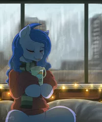 Size: 1024x1231 | Tagged: safe, artist:evomanaphy, derpibooru import, oc, oc:shadow blue, unofficial characters only, pony, clothes, drink, eyes closed, female, mare, rain, scarf, smiling