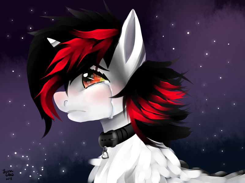 Size: 1600x1200 | Tagged: safe, artist:brainiac, derpibooru import, oc, oc:blackjack, unofficial characters only, cyborg, pony, unicorn, fallout equestria, fallout equestria: project horizons, fanfic, bust, chest fluff, collar, crying, fanfic art, female, fluffy, horn, mare, profile, sad, solo, stars, vent art